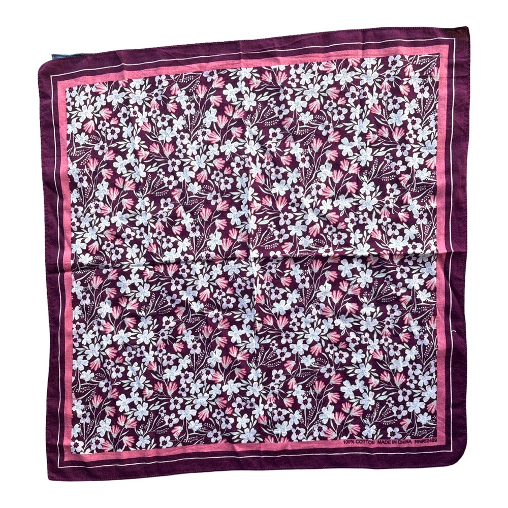 Vintage Burgundy Floral Cotton Bandanna Scarf – Pink & White Wildflower Print